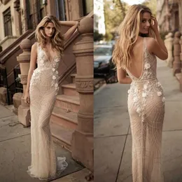Berta 2019 Sheath Illusion Wedding Dresses Backless Plunging Neckline 3D-Floral Appliques Beads Bridal Gowns Custom Made Wedding D2086