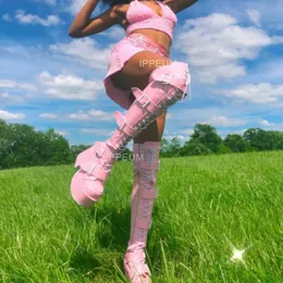 Сапоги ippeum pink platform sexy high boots high boots Женщины готические кусочки y2k обувь для ремня пряжки ремень кормя