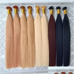 Pre-Bonded Hair Extensions Fusion Italian Keratin Flat Tip Extension Remy Real Human 14-26 Inch Silky Straight Dark Brown Black Blon Dhp5I