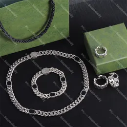 Thick Chain Silver Jewelry Sets Interlocking Letter Designer Necklaces Earrings Ring Ear Studs With Box Birthday Gift