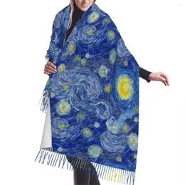 Шарфы зимняя кисточка шарф абстрактный светящаяся луна и звездное небо женщины кашемирная голова головы теплый пашмина Леди Шаль