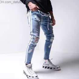 Mäns jeans män jeans mäns magra rippade jeans män byxor blyerts cyklist sida randiga jeans förstörda hål hip hop smal fit man stretchy jean tryck 230227 z230801