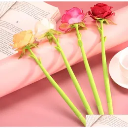Gel Pens Wholesale Flower Rose Valentines Day Gifts Ballpoint Pen Creative Liquid Black 0.5Mm Ink Rollerball For Home Office School Ar Dh4Gq