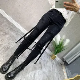 Jeans da donna Drill Pencil Pants 2023 Autumn Hole Black Vita alta Slim Gamba piccola da donna