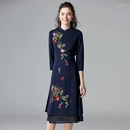 Vestidos casuais bordados aprimorados vestido tamanho grande para mulheres primavera e outono estilo chinês retrô elegante saia de renda fina 100 kg