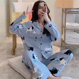 Women's Sleepwear Spring Autumn Long Sleeved Pajama Set Cartoon Dog Pattern Sweet Girls Two Pieces Cotton Nighties Top Pants