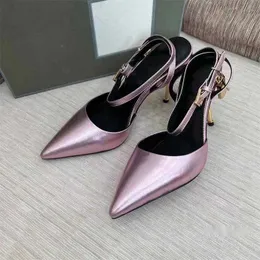 Sandali con puntale Scarpe da donna firmate di lusso Golden Metal Lock decorano tacco a spillo Scarpe eleganti da donna punta chiusa Sandalo con tacco alto 10,5 cm con scatola 35-42