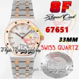 8FF 8F67651 Swiss Quartz Movement 33mm Womens Watch Rose Gold Bezel Silver Textured Dial Stick Markers Two Tone 316L Rostfritt stål Armband Super modeklockor