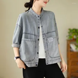 Women's Blouses 2023 Arrival Apring Autumn Casual O-neck Long Sleeve Blouse Pockets Patchwork Cotton Denim V640 Single Breasted Shirts