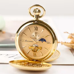 Zegarki kieszonkowe luksusowe złoto 2 boki otwarte obudowa mechaniczna zegarek kieszonkowy dla mężczyzn Kobiety Business Fashion Naszyjnik Łańcuch SWEAT SWETANT PJX043 230731