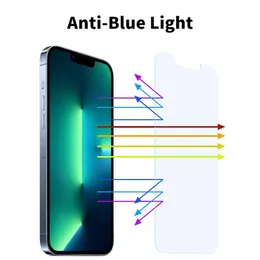 Anti-Blue Light Screen Protector för iPhone 15 14 13 12 11 Pro Max XS SE2 3 HD Clear Tempered Glass Film 9H 2.5D med gratis frakt