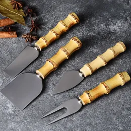20Set/Lot Stainless Steel Bamboo Root Wood Fruit Fork Toast Pizza Cutter Cake Cream Butter Spreader Mini Cheese Knife
