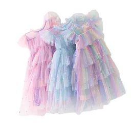 Abiti da ragazza 1-12T Ragazze Fly Sleeve Rainbow Star Paillettes Tulle Abiti da torta Super Fairy Princess Dress Kids Mesh Puffy Birthday Party Vestidos 230801