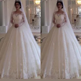 2019 Arabo Glamorous Bateau Maniche lunghe Abito da sposa principessa Lungo Custom Made Full Lace Princess Abiti da sposa Sweep Train2235