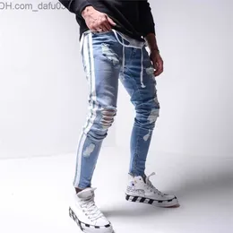 Jeans da uomo Jeans da uomo Jeans skinny strappati da uomo Pantaloni Matita Biker Side Striped Foro distrutto Hip Hop Slim Fit Uomo Stretchy Jean Print 220922 Z230801