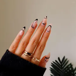 Falsche Nägel zum Aufdrücken, einfache schwarze Linien, französische Mandel, vollständige Maniküre, wiederverwendbar, 24 Stück, Nail Art Vendor