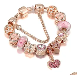 Braccialetti con ciondoli Oro rosa di alta qualità Perline Sier rosa Cuore rosso ciliegia Fiore di farfalla di cristallo Adatto Charms europei Pandora Sicurezza Dhxzh