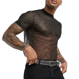 Men's T-Shirts Sexy Men's Bling T-shirt Top Short Sleeve Sequin Transparent Mesh T Shirts Summer Male Blouse Tshirts 230731