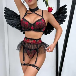 Sexy Underwear New Flower Embroidery Mesh Splice Strap Hanging Neck Complex and Fun Four Piece Set for Women 230801