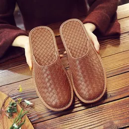 Slippers Spring Braided Leather Men Indoor Home Shoes Unisex Room Male Fur Slides Mules Slipper Big Size 45 230731