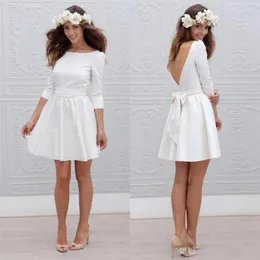 Vestidos de Noiva Curtos Informais Baratos Com Manga 3 4 Mangas Simples Barato Mini Recepção Vestidos de Noiva Branco Sexy De Volta Aberta Festa de Casamento D287c