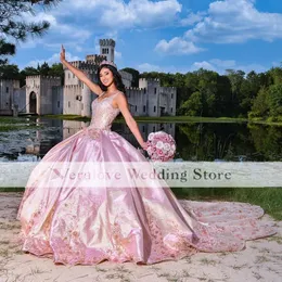 Abiti stile quinceanera rosa principessa Applique in pizzo senza spalline Sweet 16 Dress Lace-Up Paillettes Vestidos De 15 Anos
