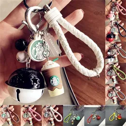 Resin Keychain Cute Cartoon Couple Simulated Coffee Cup Woven Rope Bell Car Key S5B7