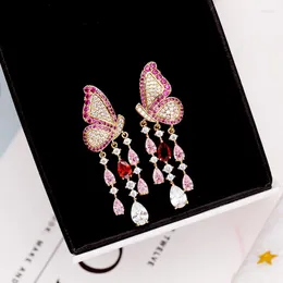 Dangle Earrings Ruifan Butterfly Pink Cubic Zircon Tassel Women's Rhinestone Gold Color Drop Earring 2023 Fashion Jewelry YEA331