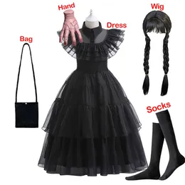 Girl's Dresses Wednesday Girl Costume för Carnival Halloween Black Events Cosplay Dress Kids Evening Party Clothes Fashion Gothic Vestido 3-12T 230801