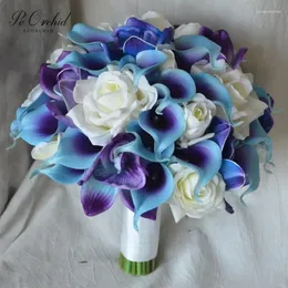 Bröllopsblommor Peorchid Real Touch Blue Purple Bridal Bouquet Calla Lily Ivory Artificial Roses Orchids Silk Hand