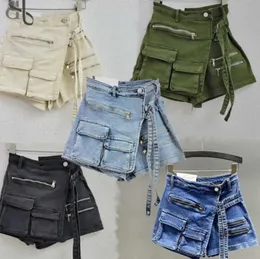 Mode kvinnors shorts elastiska jeans oregelbundna multi ficklastbyxor blixtlåsväska denim korta byxor vår sommar nya denim kjolbyxor