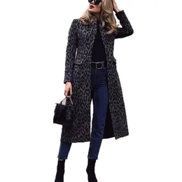 Kurtki damskie Autumn Vintage Lopard Print Trench Płaszcz Kobiety swobodny długi rękaw z pojedynczym piersi wiatraka szczupła średnia płaszcz 230731