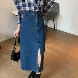 Spódnice dżinsowe dla kobiet niebieskie wysoką talię moda 2023 prosta spódnica streetwear vintage split