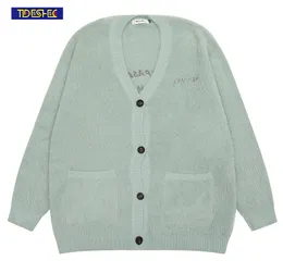 Hommes pull automne solide épais chaud poches lâche lettre broderie hauts coréen Vintage Cardigan surdimensionné 230731