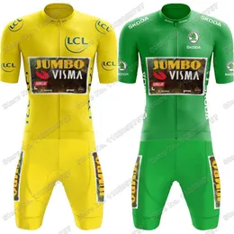 Cykeltröja set Jumbo VISMA Team Yellow Green TDF Set Wout Van Aert Belgiska kläder Män Frankrike Road Bike Shirt Suit 230801