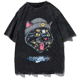 メンズTシャツカワイイヒップホップ特大のTシャツストリートウェアホンブレスキャットグラフィックプリントTシャツメンカジュアルウォッシュティーシャツハラジュクコットントップJ230731