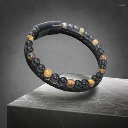 Strang Naturstein Armbänder Echtes Leder Geflochtenes Seil Schwarz Magnetverschluss Tigerauge Perle Armreif Charme Männer Schmuck Geschenk