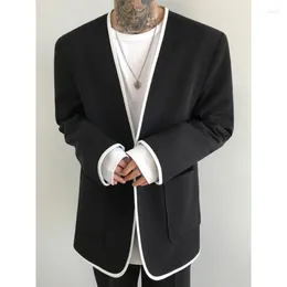 Ternos masculinos paletó primavera outono coreano solto casual sem colarinho preto blazers decote em v botão único manga comprida casaco masculino