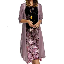 Осеннее женское длинное платье из двух частей с цветочным принтом и круглым вырезом для женщин
