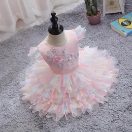 Flickaklänningar koreansk stil fluffig härlig blomma barn klänning färgglad baby födelsedag för 1 år gammal rosa tutu