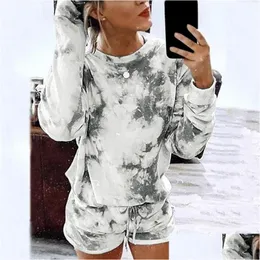 Kadınların izini kadınlar üst mujer salon giymek gömlekler uzun kollu iki parça set şort kadın topluluk femme kravat boya pijama Camiseta dhrl7