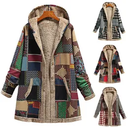 Kobiety Winter Vrouwen Hooded Jas Met kieszonka Kasjmier Dikke splicing plus retro Lange Mouwen Losse Katoen Linnen Gedrukt 230801