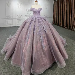 Lavanta parlak prenses quinceanera omuz kapalı 3d aplike çiçek boncuklu dantel-up korse balo meninas vestidos de 15 anos