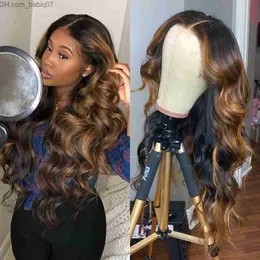 Syntetiska peruker babyhår 13x4 ombre höjdpunkt peruk brun honung blond färgad vågig hd hel spets främre mänskliga hår peruker full 360 frontala remy sömlös naturlig z230801