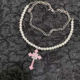 Choker Cross Pearl Beads Halsband för kvinnor Egirl Double Clavicle Chain Sweet Cool Charm Esthetic Trend smycken Y2K Accessories