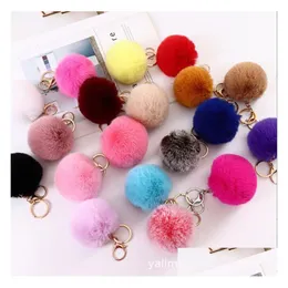 Nyckelringar lanyards 16 färger 8cm fluffig faux kanin päls boll kvinnor flickor bil skolväska nyckel ring söt pompom kedja smycken accesso dhdts