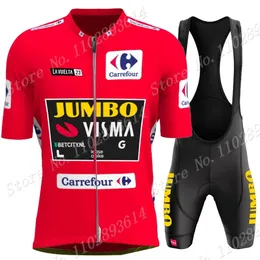 Bisiklet Jersey Setleri 2023 İspanya Turu Jumbo Visma Team Seti Kısa Kırmızı Giyim Yolu Bisiklet Gömlekleri Takım Bisiklet Önlük Şortları MTB Wear Ropa 230801