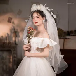 Véus de Noiva Véu Cocar Lindas Flores Festa de Casamento Acessórios Estilo Vintage Pentes Estilo Vintage Mulheres Cabelo Comprido Renda