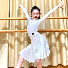 Stage Wear 2023 Children Latin Dance Performance Costumes For Girls White Long Sleeped Big Swing Kirts Suit DN15217