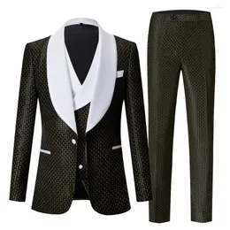 Men's Suits Green Black Navy Blue Dot Slim Fit Groom Tuxedo Pattern Jacket Pants Vest 3 Piece Set With White Lapel